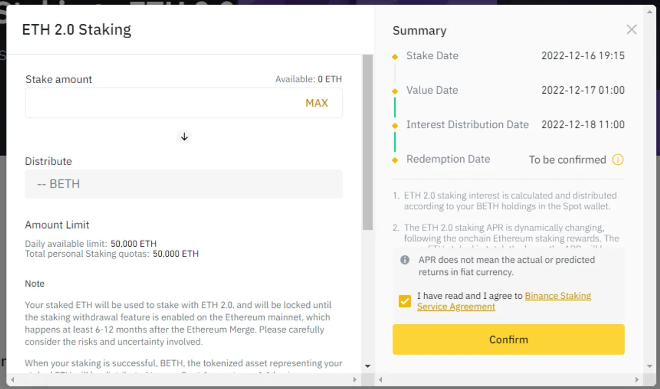 Ethereum staking Binance