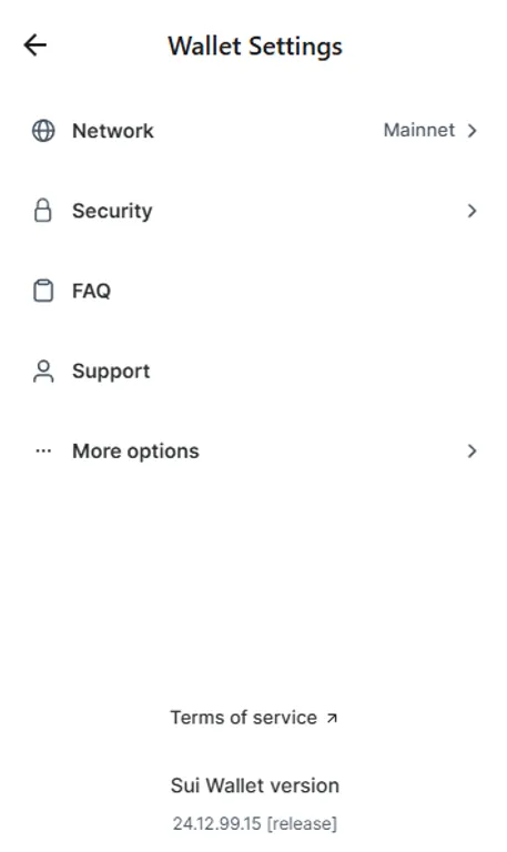 Sui wallet settings