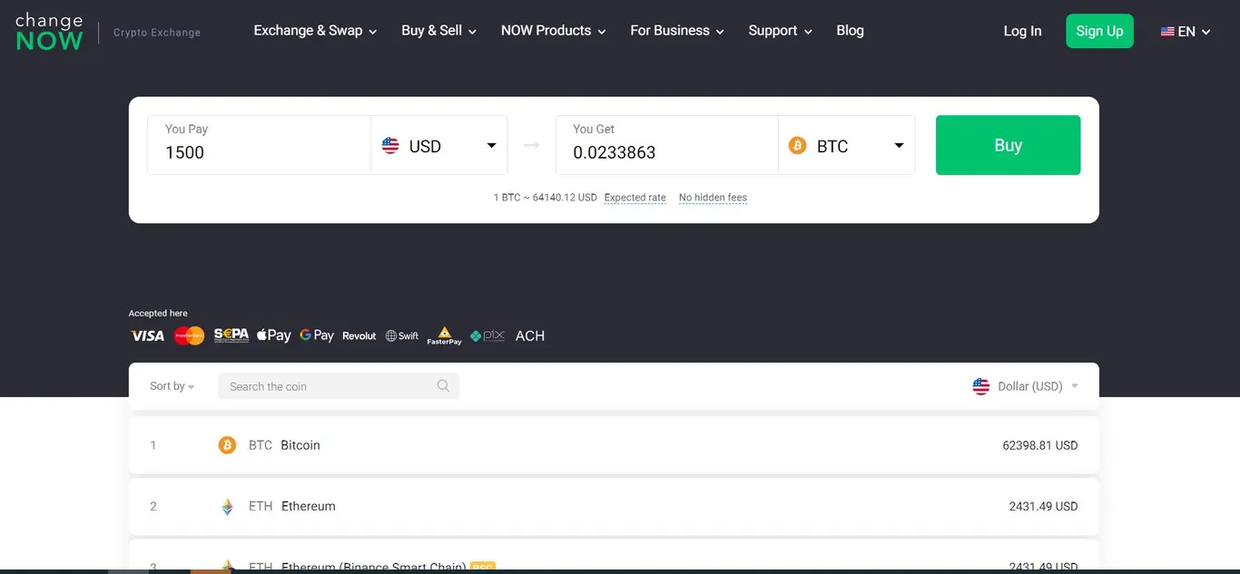 ChangeNOW payment methods