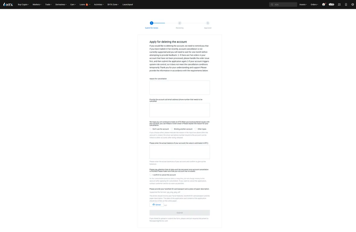 HTX account deletion form