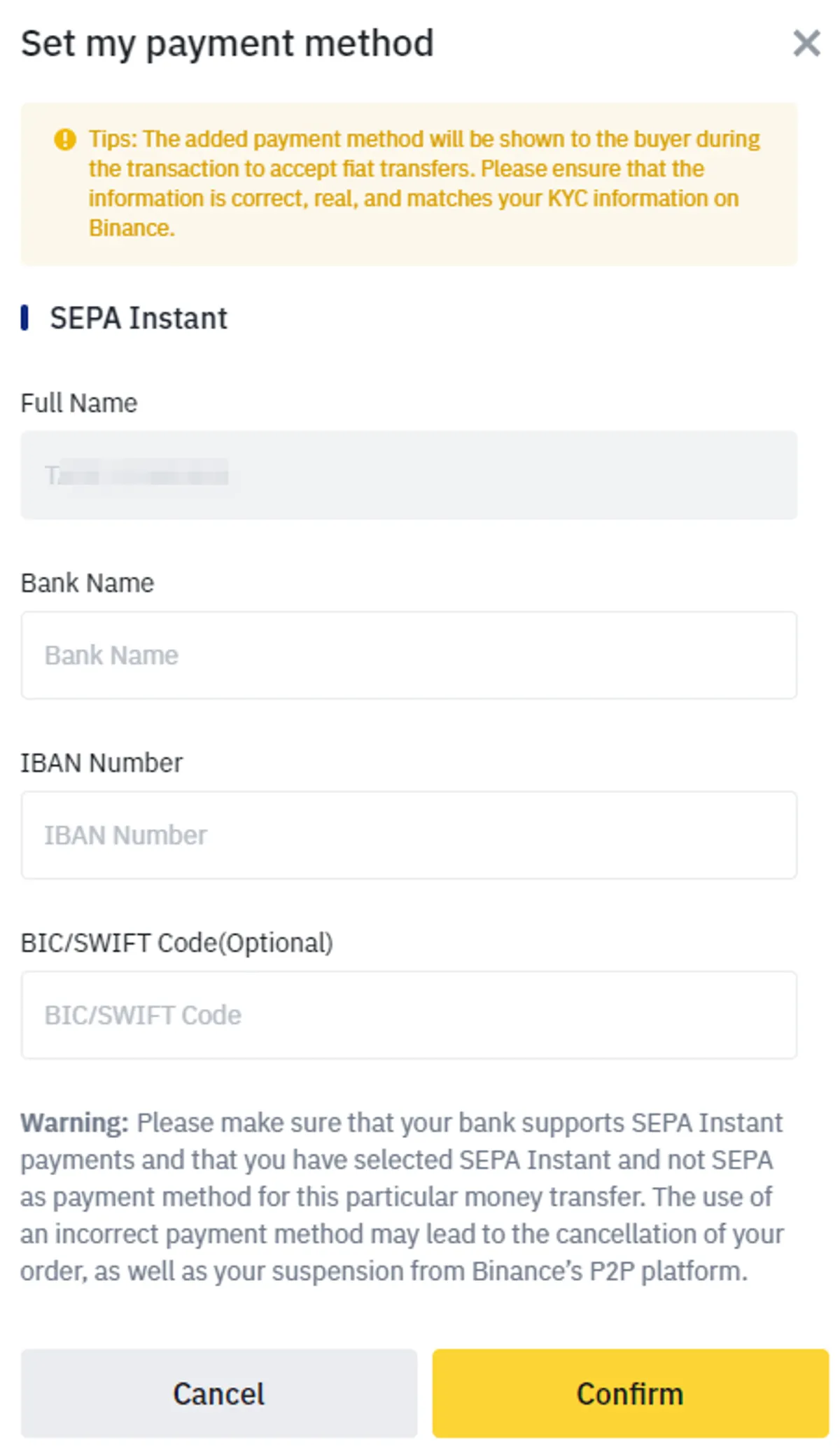 entering payment method on Binance P2P to sell Bitcoin