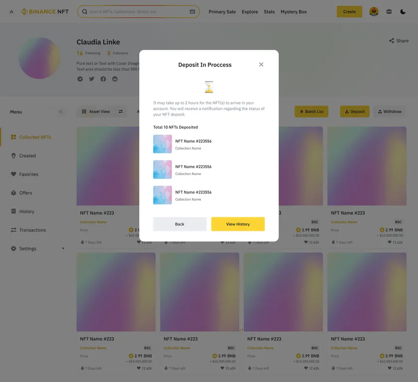 Binance NFT deposit in progress