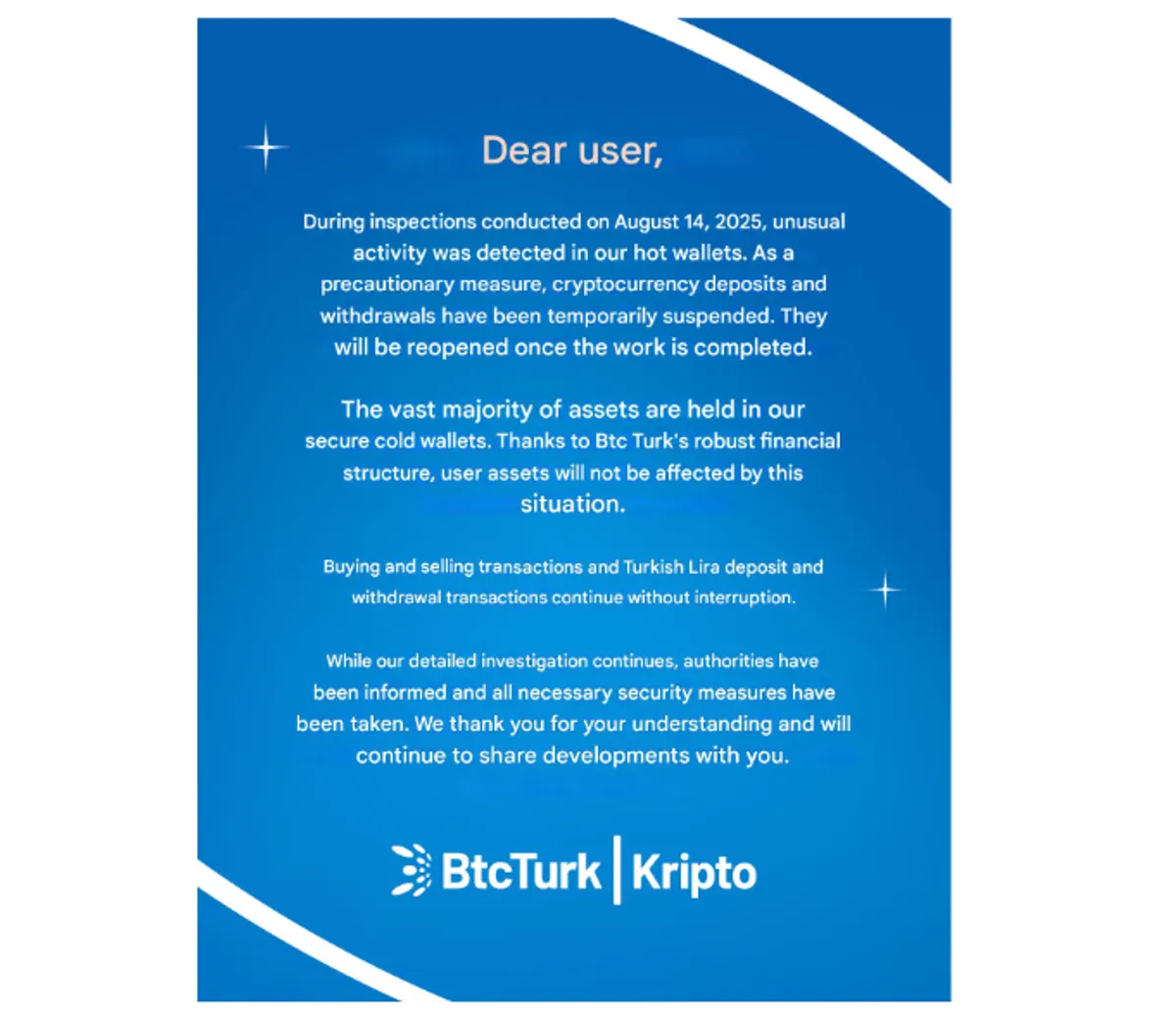 BTCTurk Withdrawal susspention announcement