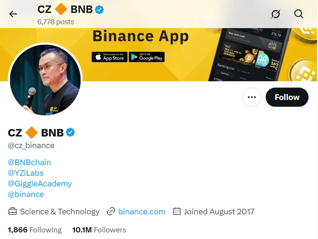 CZ's X profile removed @ex-binance from account