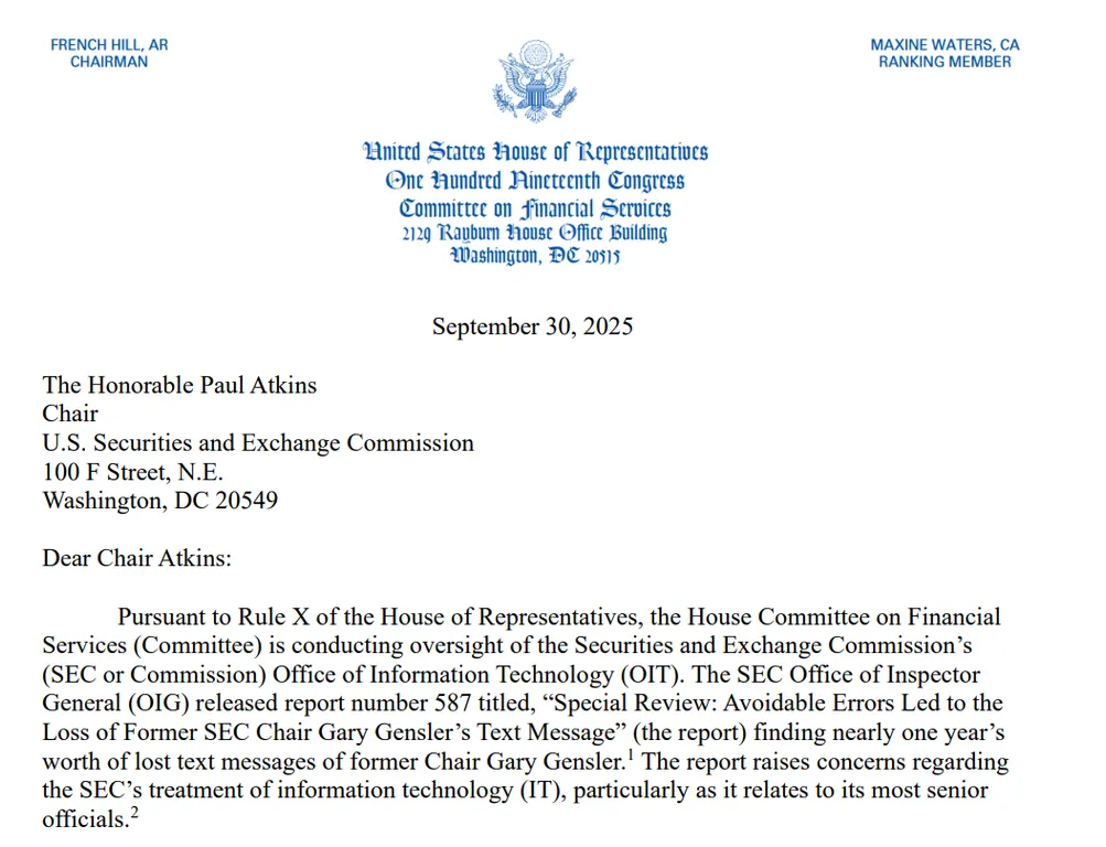 House of Representatives letter explaining Gensler's phone records were wiped