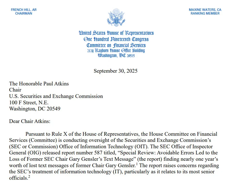 Message to SEC chair Atkins