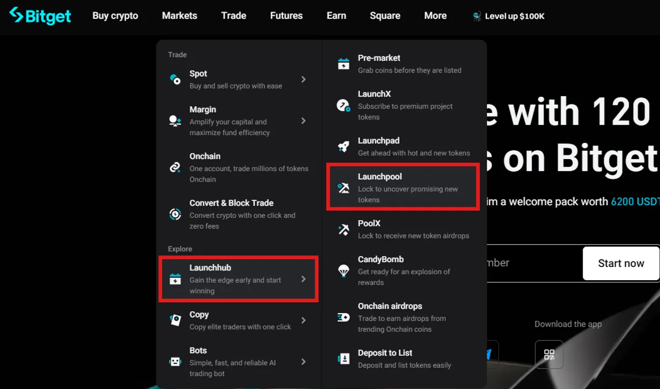 Bitget Launchpool navigation menu