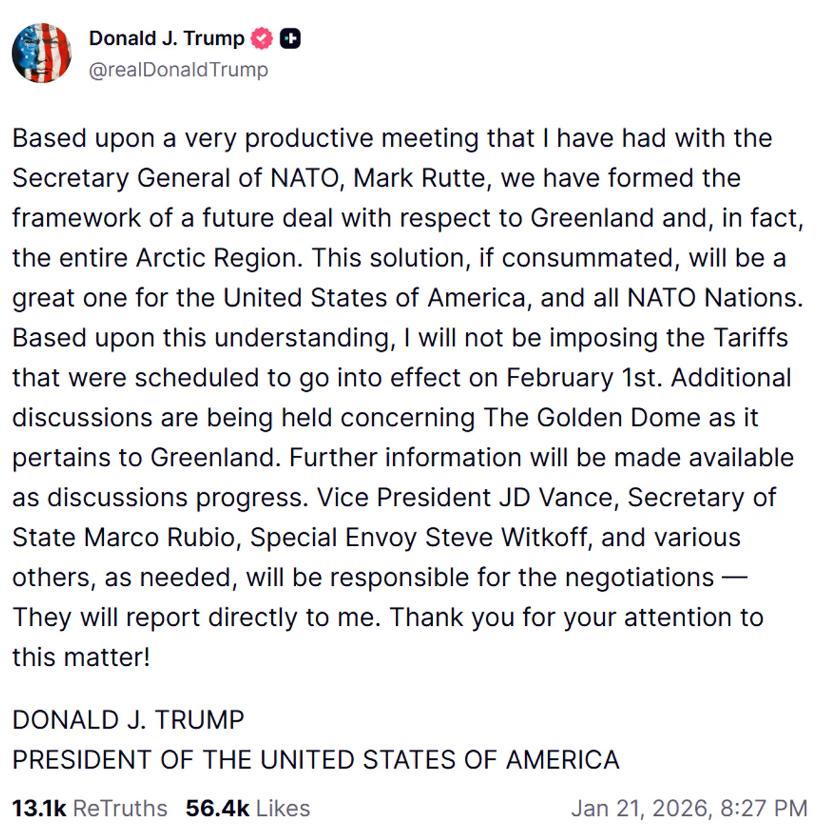 Trump truth social media post