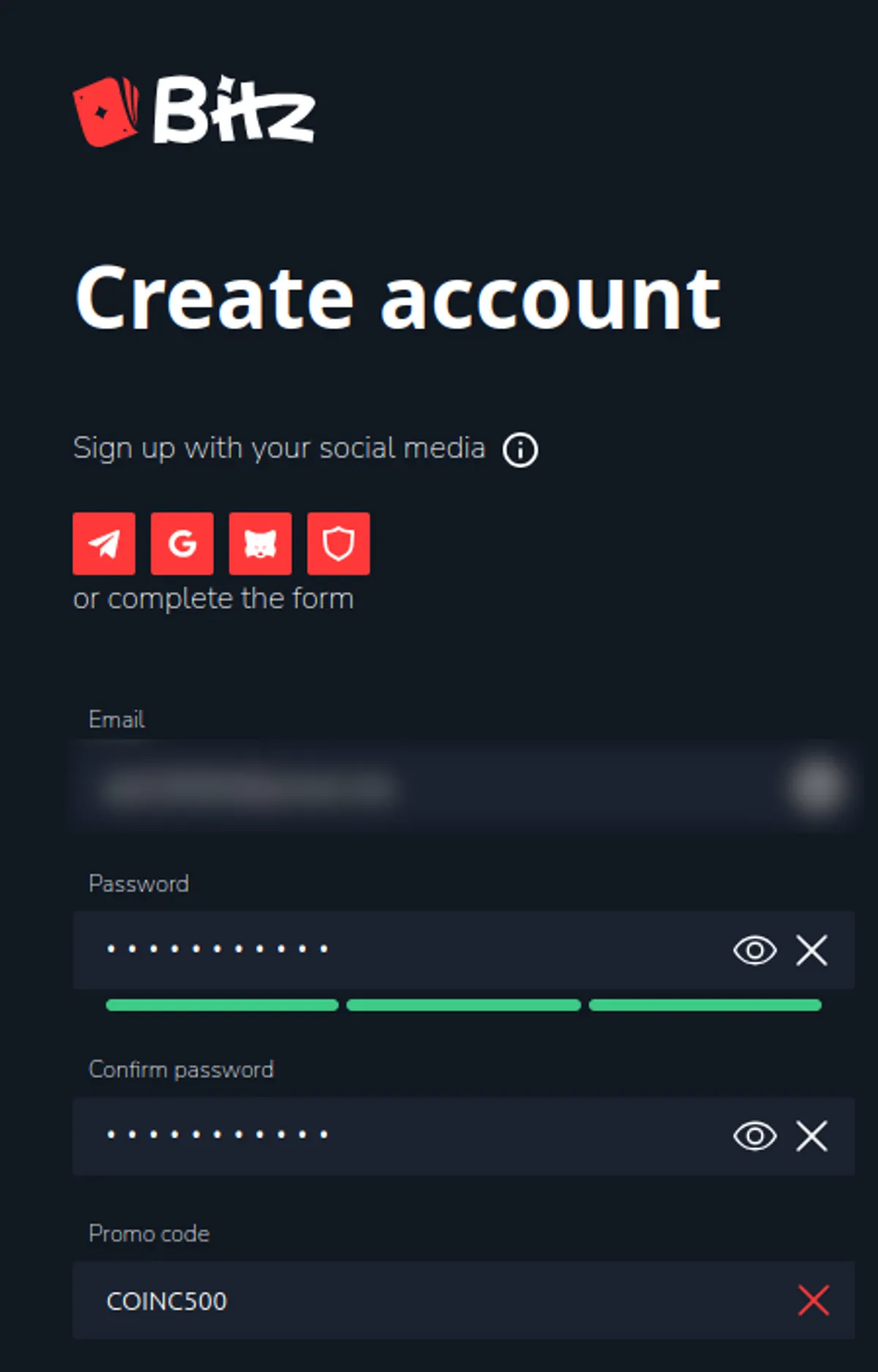 Bitz account registration