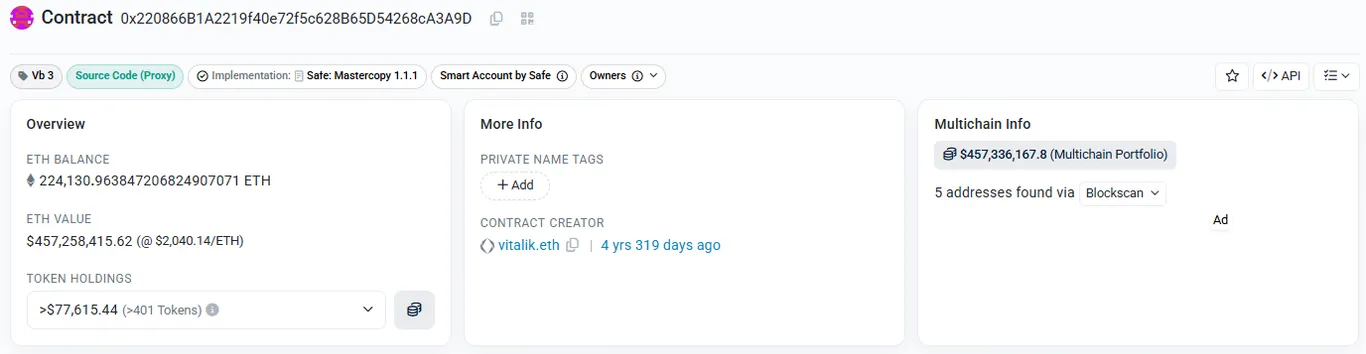 Etherscan's entry of Vitalik Buterin's net worth in his crypto wallet