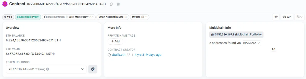 Etherscan's entry of Vitalik Buterin's net worth in his crypto wallet