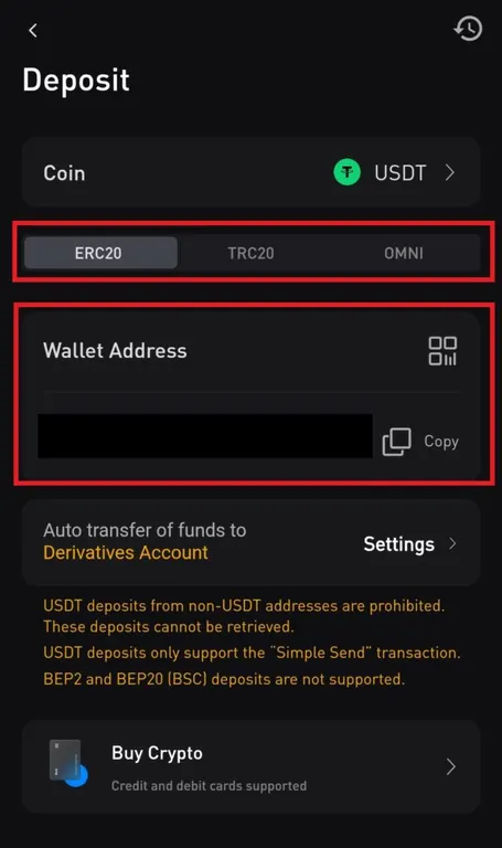 Bybit mobile client sekect USDT blockchain