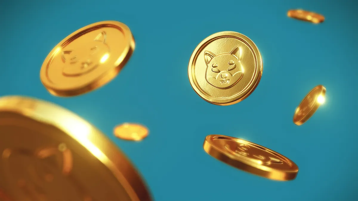 A bunch of coins flying around with Shiba Inu engraving on them