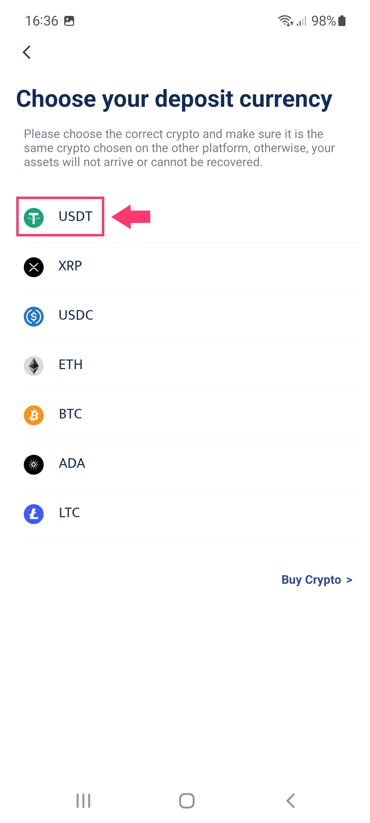 BTCC Deposit USDT