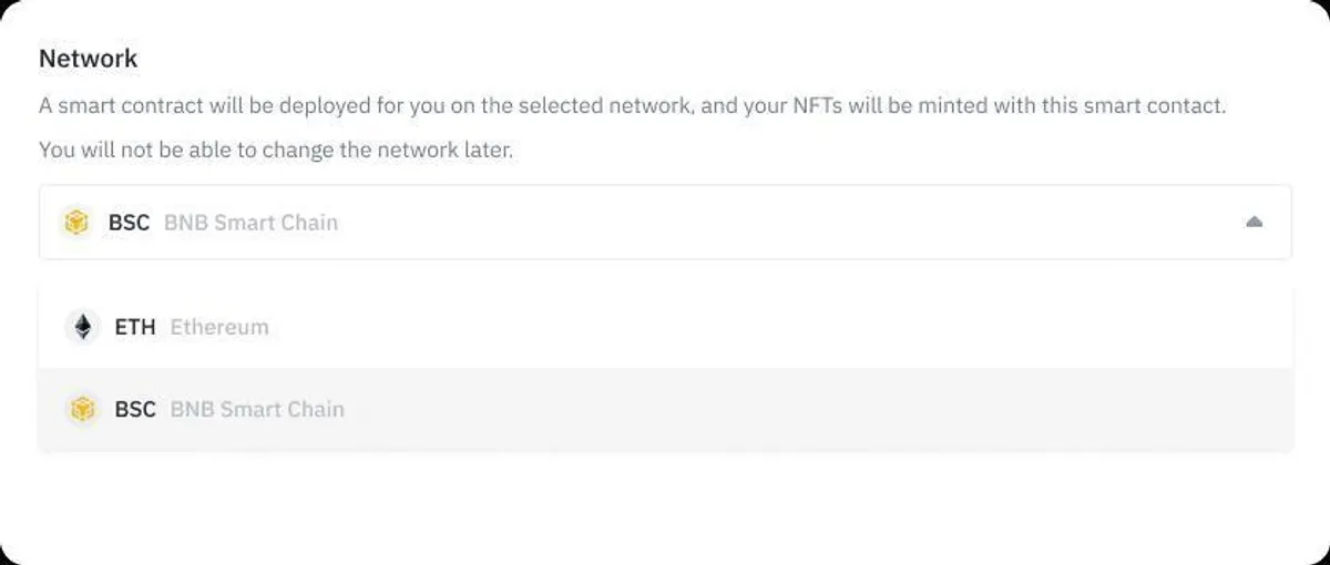 Selecting a blockchain netwrok to host NFT collection on Binance