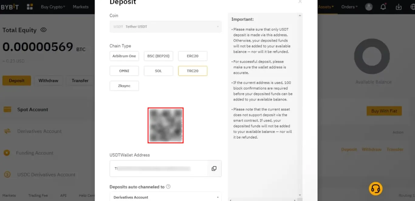 Bybit's USDT TRC20 selection and a user's USDT wallet address
