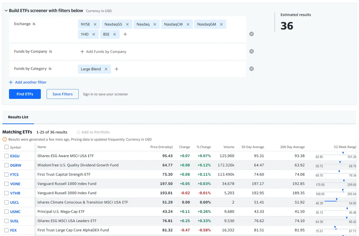 Yahoo Finance ETF screener