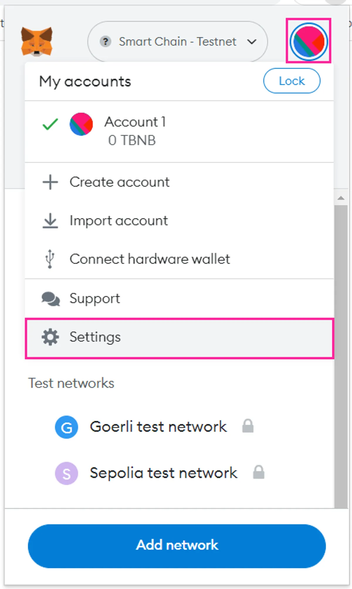 MetaMask settings