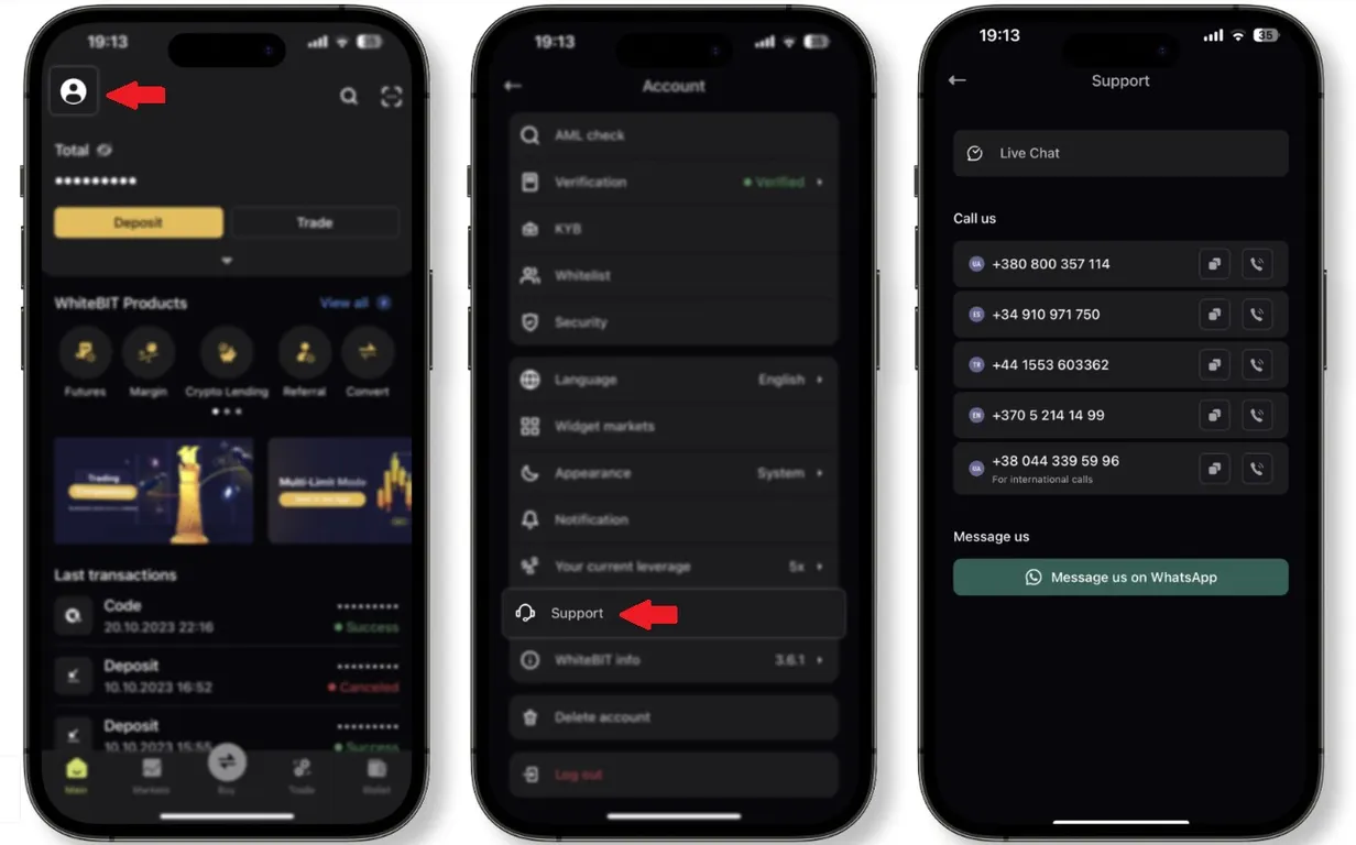 WhiteBIT customer support on the app