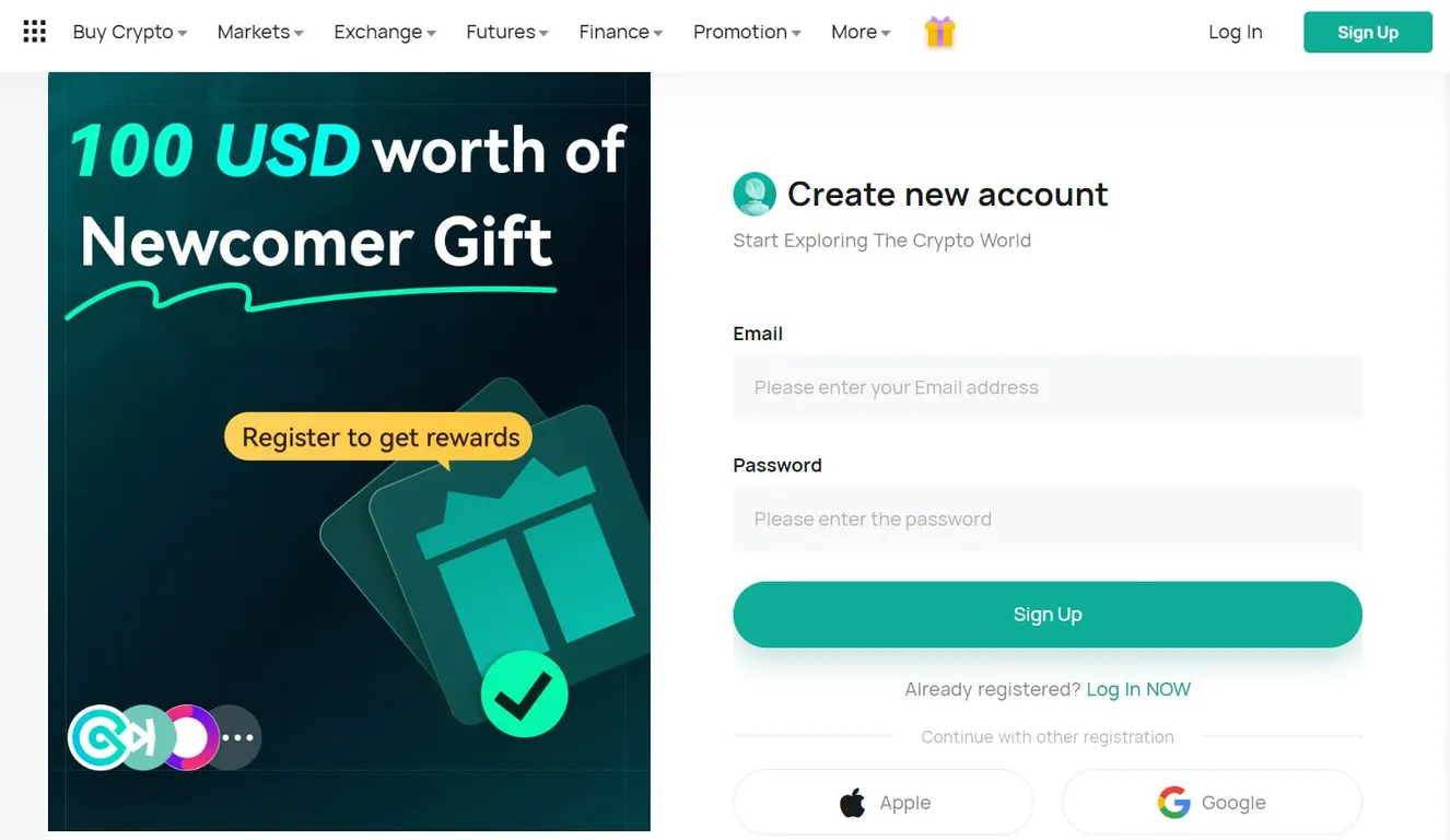 Signing up at CoinEx