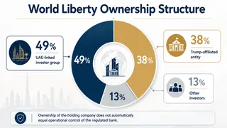 World Liberty ownership split among UAE-linked, Trump-affiliated and other investors. World Liberty ownership chart showing 49% UAE-linked and 38% Trump-affiliated stakes.