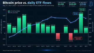 Bitcoin ETF flows turned sharply positive as BTC tested $80K. Bitcoin price chart comparing BTC with daily U.S. spot ETF inflows and outflows from Aug. 17 to Sept. 4.