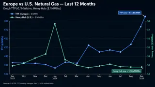 European gas surges while U.S. natural gas remains subdued. Line chart comparing European TTF gas and U.S. Henry Hub prices over the past year, with European gas surging near €74/MWh while U.S. gas stays near $2.86/MMBtu.