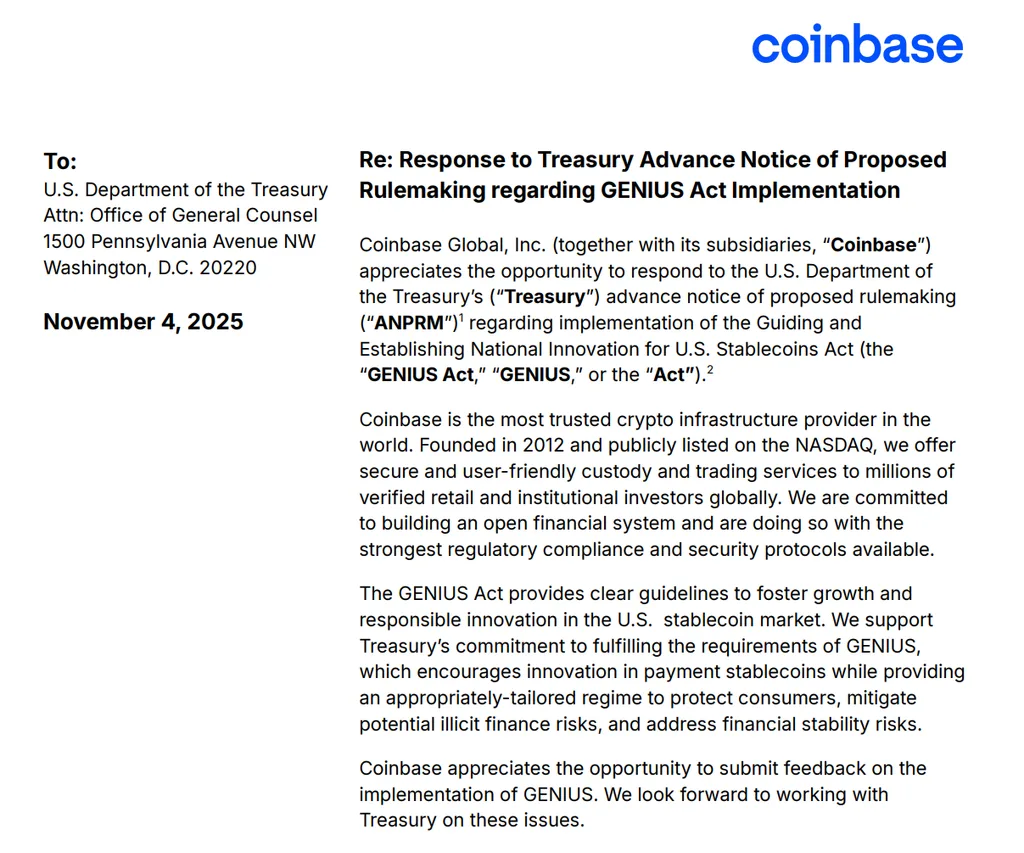 Coinbase Urges Treasury to Clarify GENIUS Act Implementation