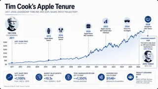 Tim Cook’s 15-year Apple tenure saw major product launches and a dramatic rise in AAPL shares. Timeline chart of Tim Cook’s Apple tenure from 2011 to 2026, showing major product milestones, AAPL share-price growth and the handoff to John Ternus.