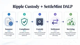 Ripple Custody + SettleMint DALP: from issuance and compliance to custody, settlement and servicing. Ripple Custody + SettleMint DALP workflow showing how institutions can move from token issuance and compliance to secure custody, settlement and asset servicing.