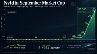 Nvidia’s market value accelerated sharply after 2022. Nvidia market cap chart showing its rise from $1.5 billion in 1999 to $5.6 trillion in 2026.