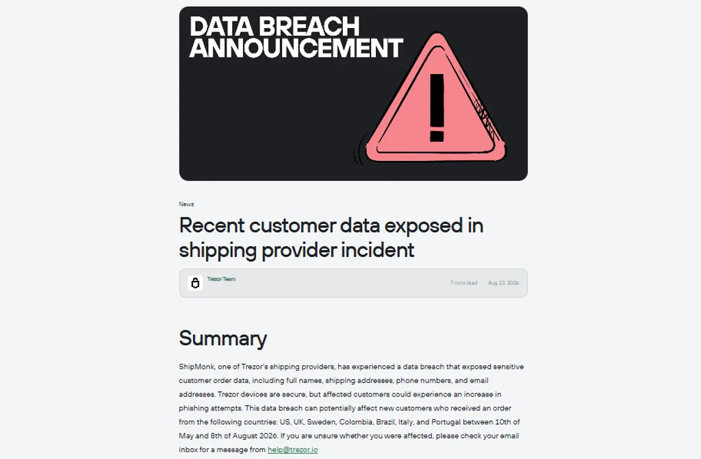 Hardware Wallet Company Leaked Your Address? What Crypto Holders Should Do 5 Announcement