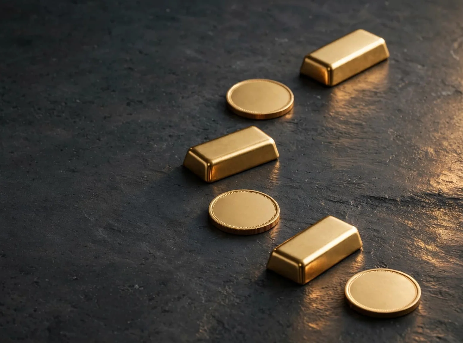 Gold coins and bullion bars arranged on the floor