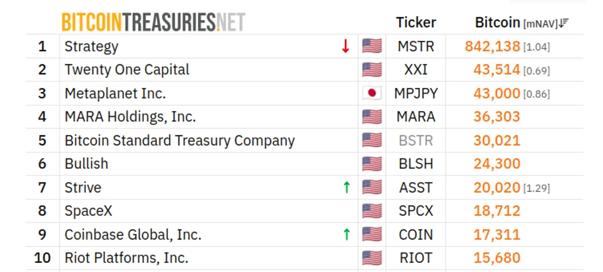 Bitcoin treasury company rankings