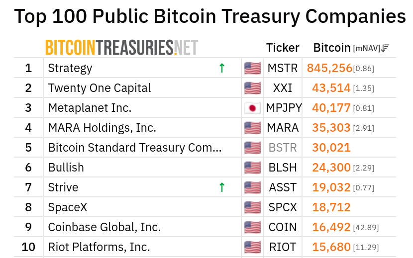 Bitcoin treasury company rankings