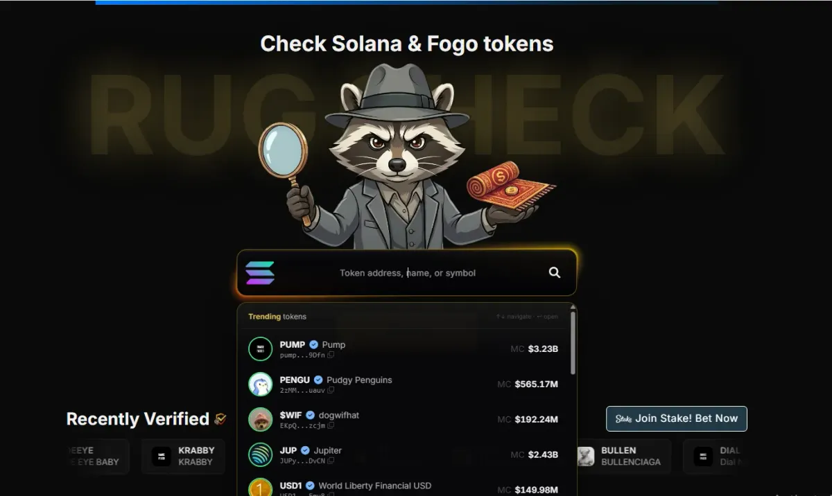 RugCheck Solana crypto scam tracker website homepage