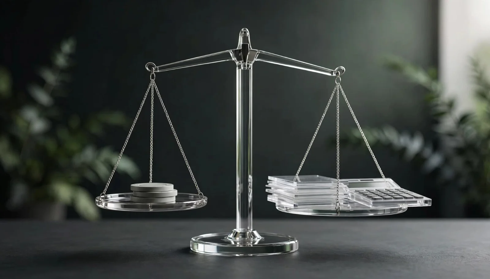 A glass scale balancing casino chips against ledgers