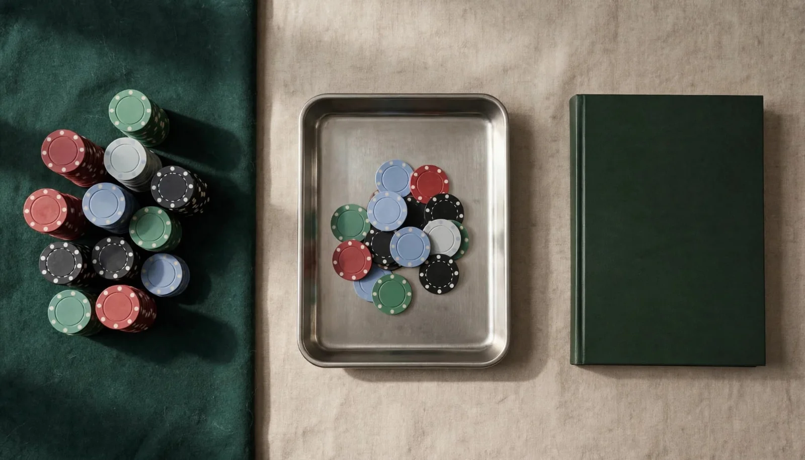 Casino chips, a metal cash tray, and a closed ledger