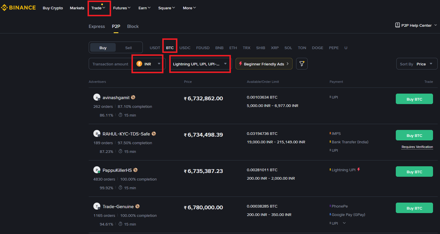Buy Bitcoin with UPI on Binance