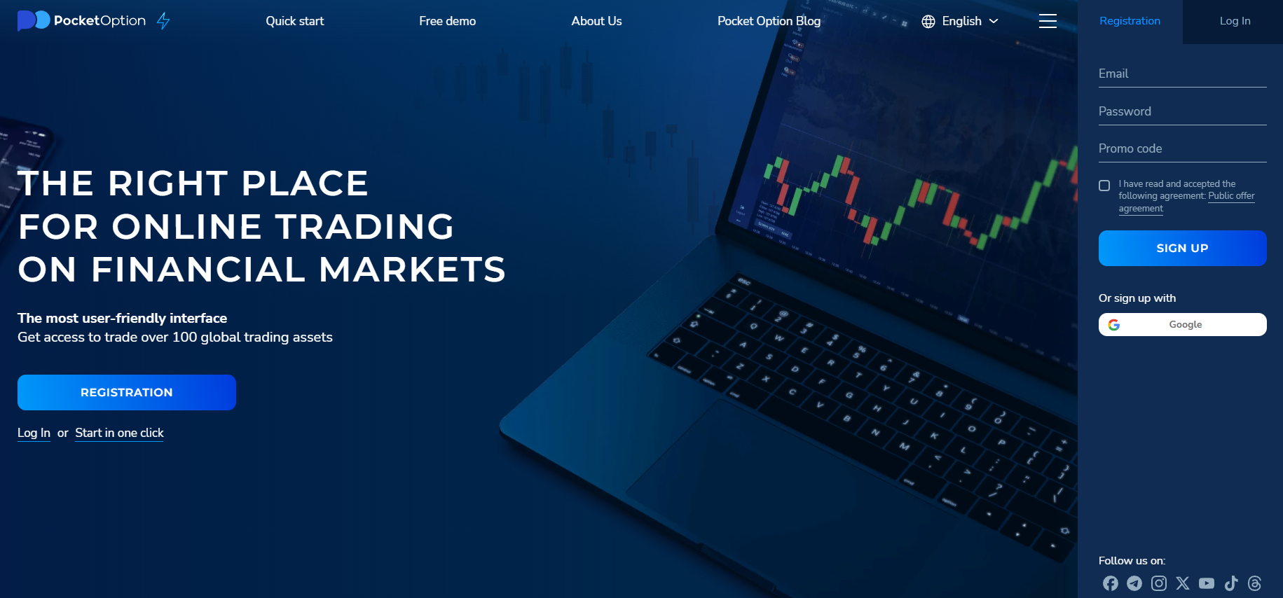 Pocket Option platform homepage
