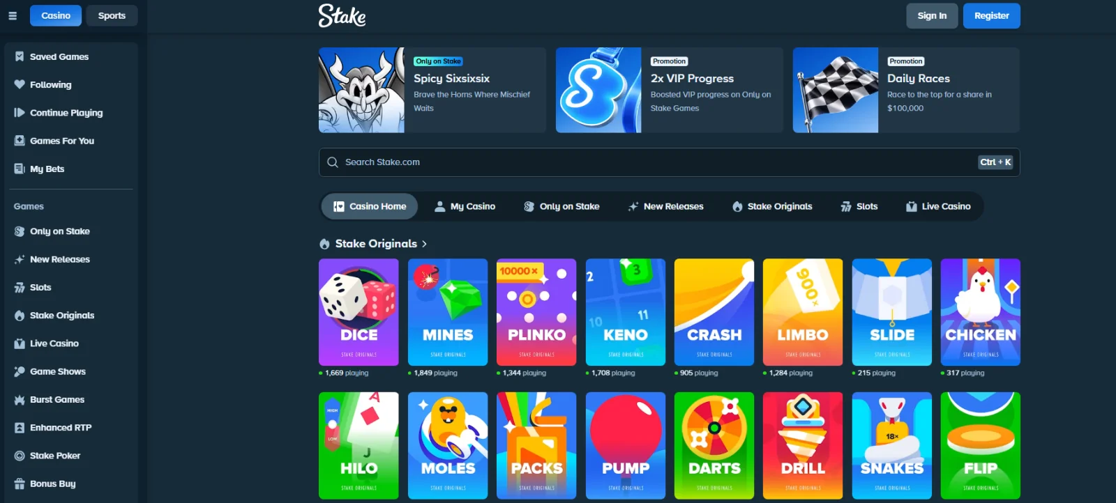 Stake Casino website homepage