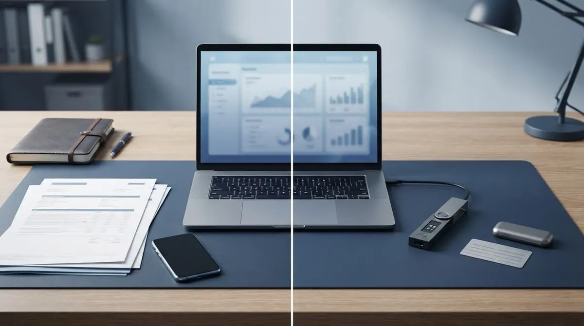A phone and brokerage papers sitting apart from a hardware crypto wallet