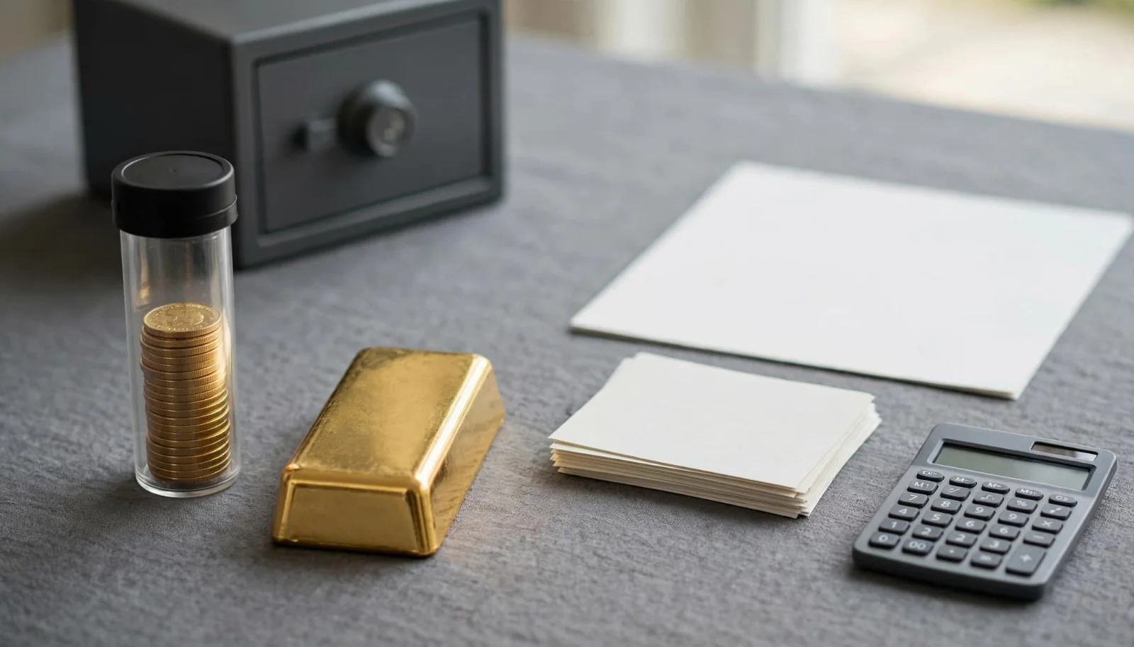 A gold bar and coin tube sit beside investment papers, ETF shares, and a calculator.