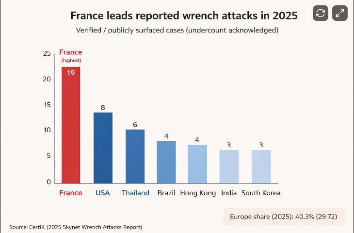 Crypto wrench attacks by country