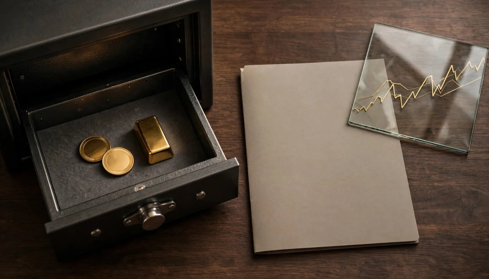 Gold coins and a small bar sit beside a brokerage folder and reflected chart.