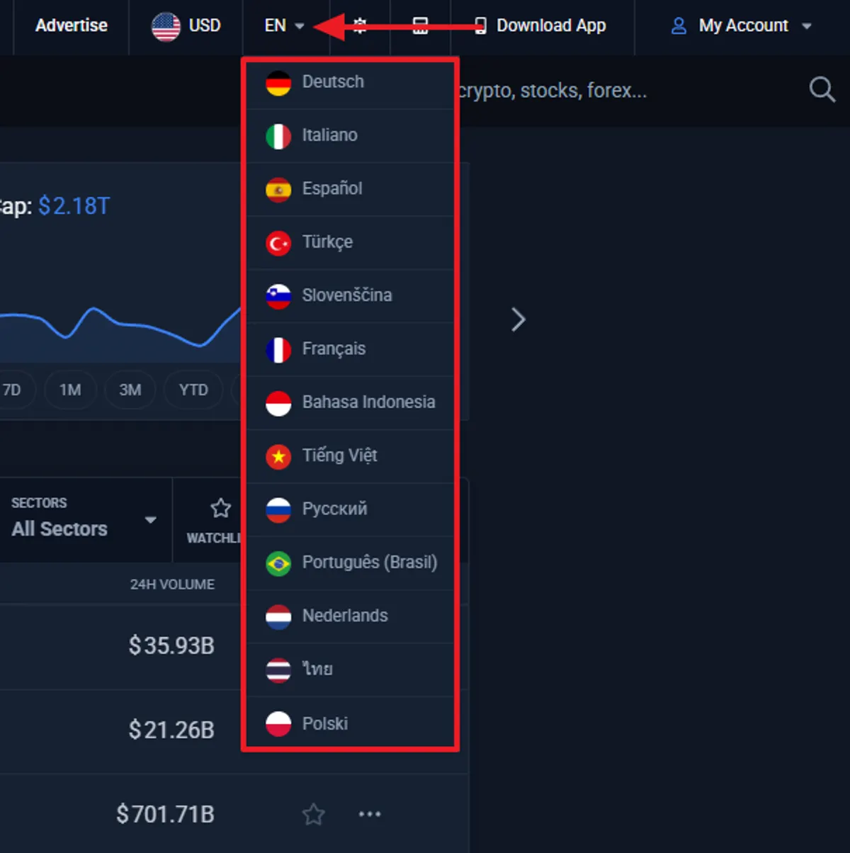 language selectior on coincodex