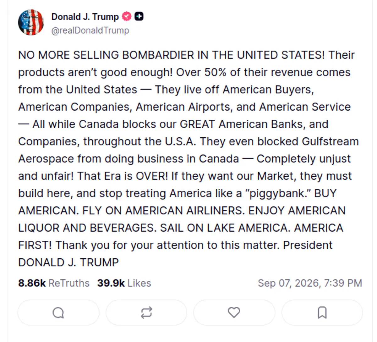 Donald Trump bombardier post
