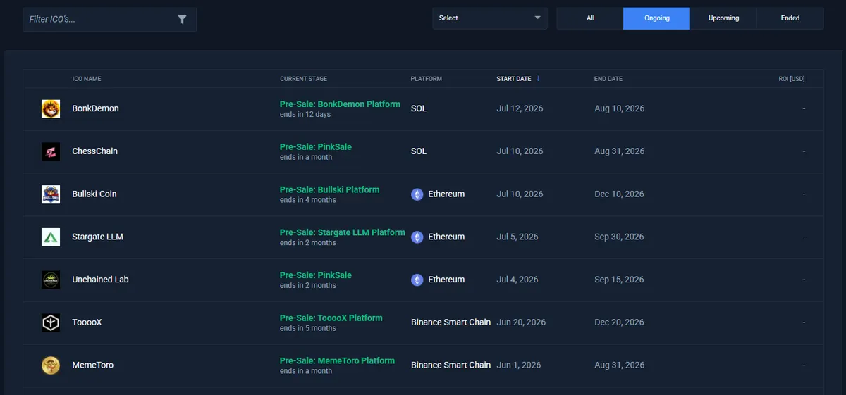 token sale page on coincodex